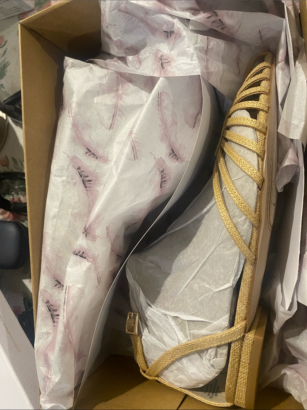 Jessica Simpson Gold Strappy Sandal with Mauve Feather Accent Tissue